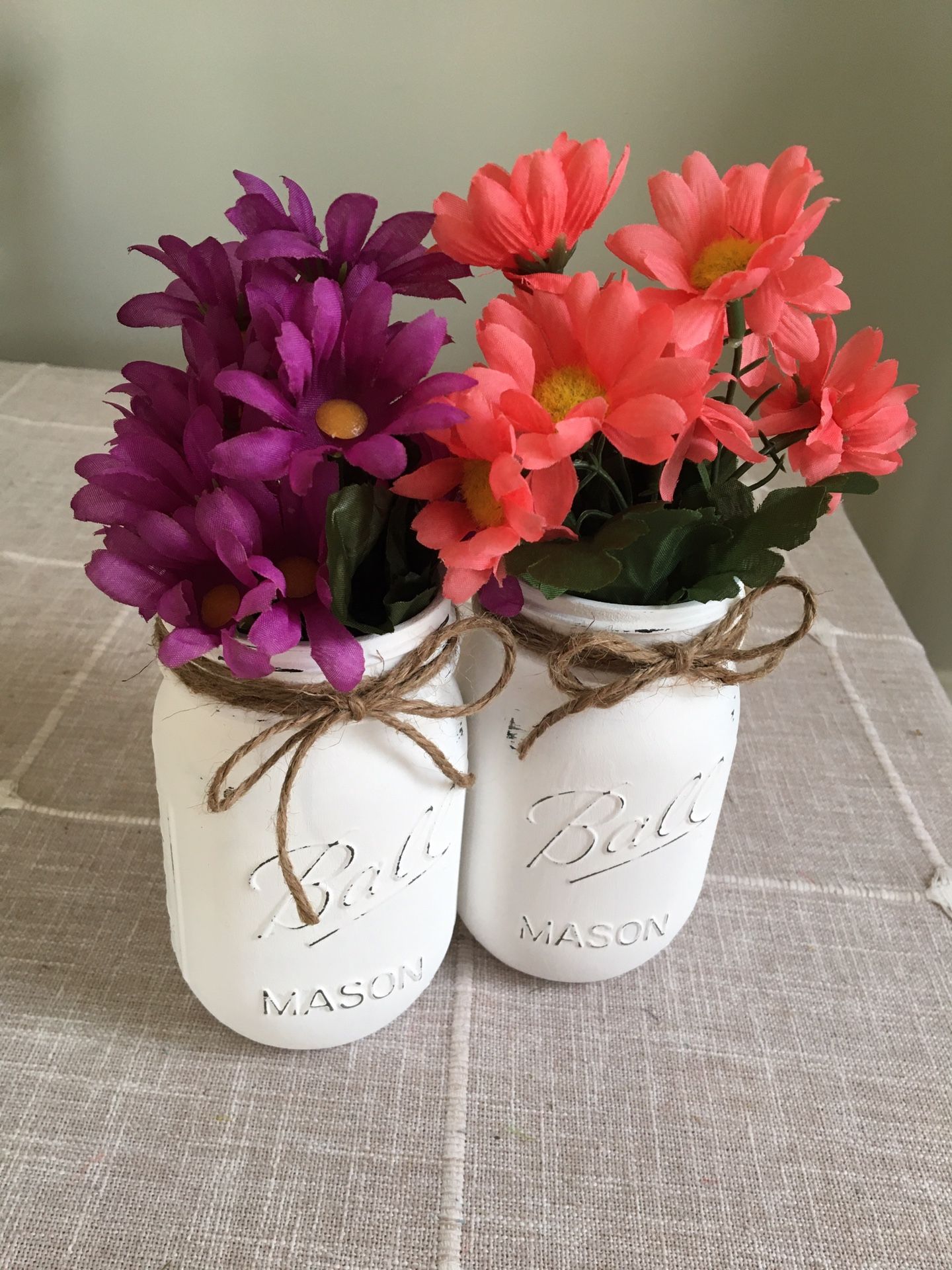 Distressed mason jar vases with silk flowers $10 for both
