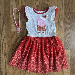 Size 5 Girls Peppa Pig Holiday Dress And Necklace