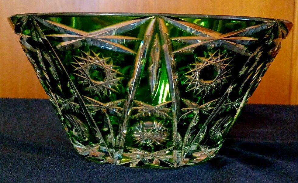 Vintage Bohemian Natchmann Bamberg Decor EMERALD GREEN Crystal Round Bowl 8.5"