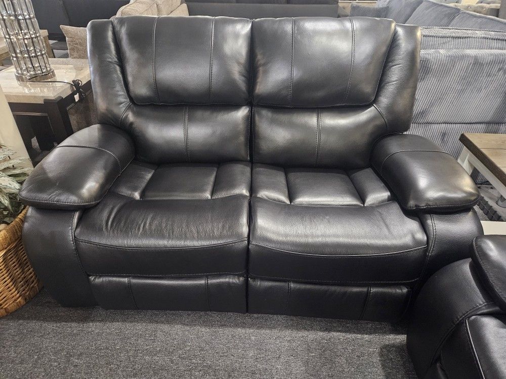 Brand New Black Real Leather Manual Reclining Loveseat