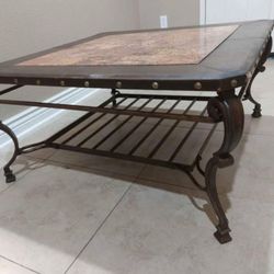WROUGHT IRON,LEATHER,MARBLE COFFEE TABLE