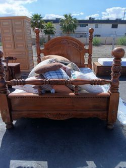 Four Poster Wood Bed Frame with Carved Details