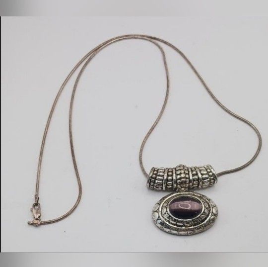 Pendant or Enhancer with Purple Cats Eye Glass and Silver Tone Setting Vintage