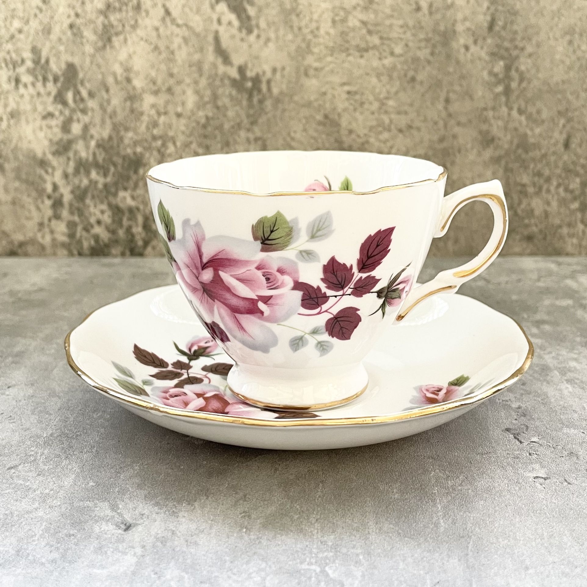 Vtg Royal Vale Bone China Ridgway Pink Rose Floral Teacup Saucer England c1953