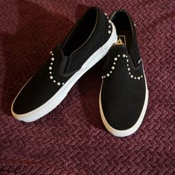 NEW Vans Men 9 Women 10.5 Black White Pearl Slip Ons