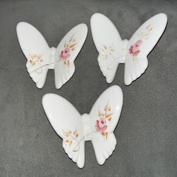 3 Pink Rose Porcelain Butterfly wall plaques1398-BL MIB Homco Home Interior  