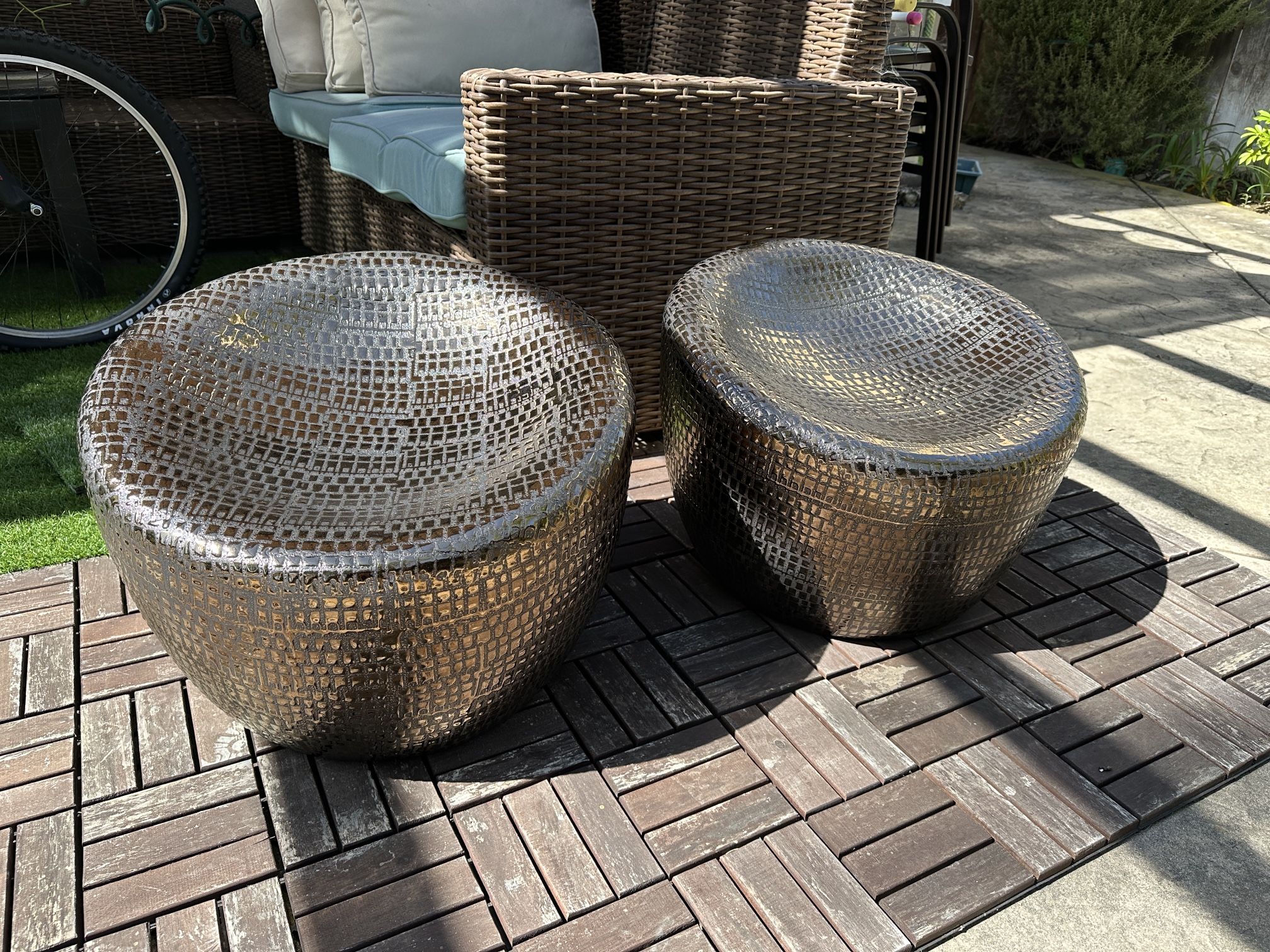 Two Pier One Ceramic Decorative Gold Stools