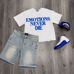 Mens T Shirt Rhinestone Blue White Mixed Emotion 