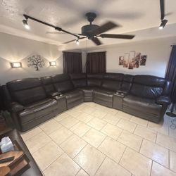 7 Pc Brown Leather Power Recline Sectional 