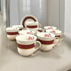 Fondeville Ambassador Ware England 8 Tea Cups 8 Saucers Maroon Rose Rare Vintage