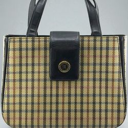 DAKS London Vintage Plaid Handbag | Black Leather Trim Top Handle Satchel Purse