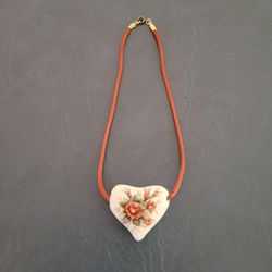 Painted Ceramic Heart Shaped Floral Pendant on Satin Cord 8"