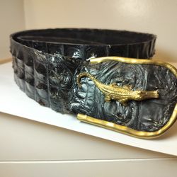 Vintage Hornback Caiman Alligator Leather Belt 42" Brass Crocodile Buckle AS IS