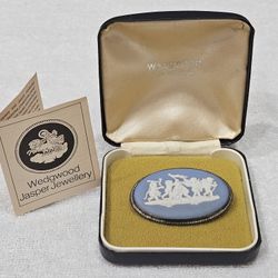 Wedgwood England Blue Jasperware Cameo Cherubs Brooch Pin 3412B