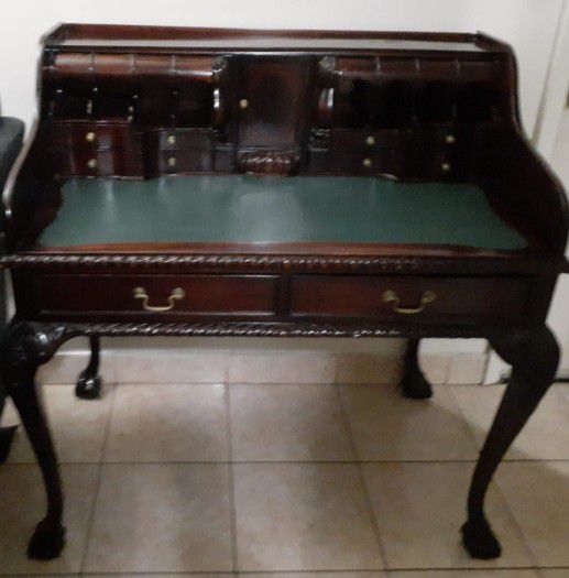 Vintage English Chippandale Style Secretary Hand Carved And Finished With Green Leather On Top Desk