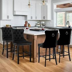 Velvet Upholstered Bar Stools Set of 4 with Back and Wood Legs, Metal Pulling Ring, Armless Counter Height Barstools for Kitchen Island, Pub(Black)