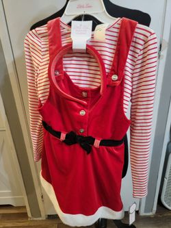 Brand New Little Lass red velvet holiday dress, striped shirt set with matching headband Size 6X