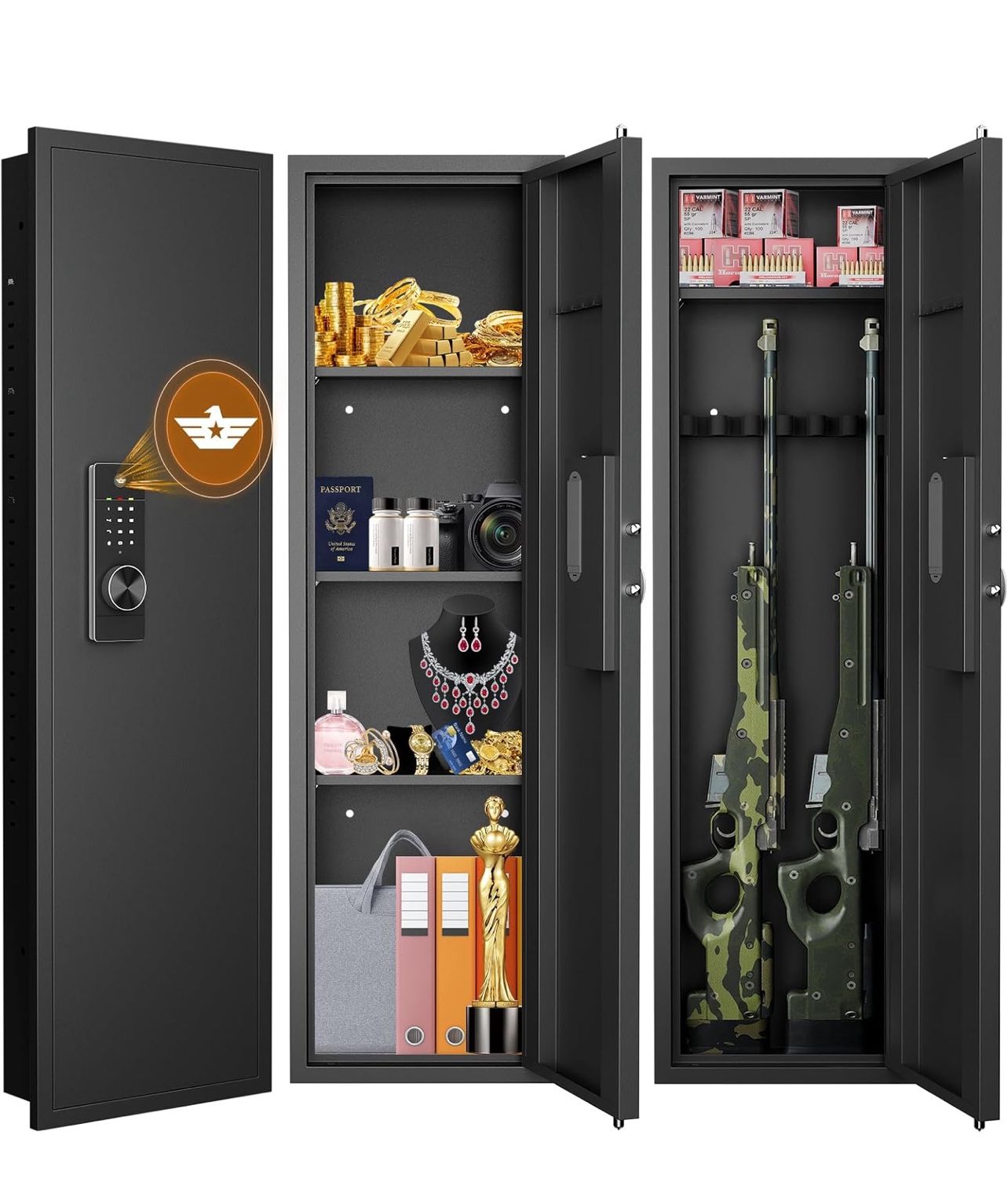 53.15" Wall Safe Between the Studs, Hidden Safe with Dual Alarm System and Silent Mode, Wall Gun Safe with 3 Adjustable Shelves and Magnetic Slot (Bla