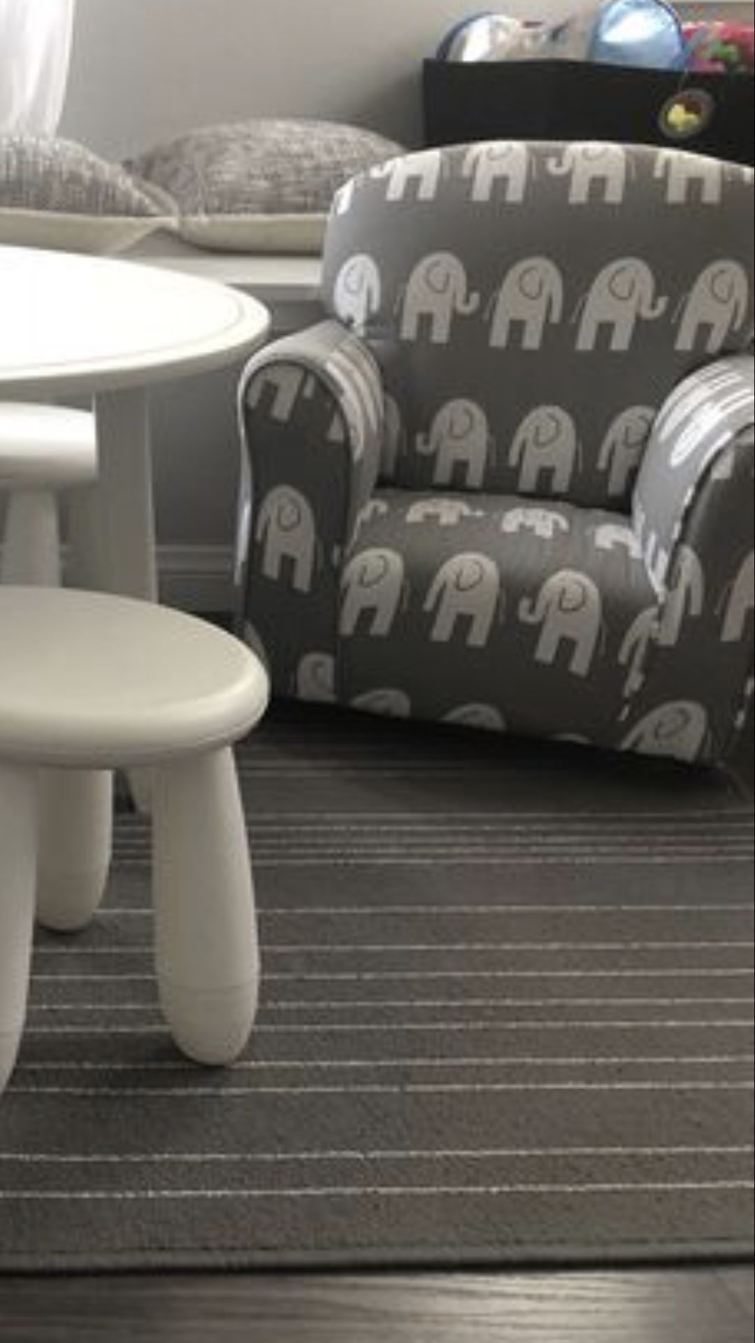 Kids rocking chair - modern contemporary style. Light grey with white elephants