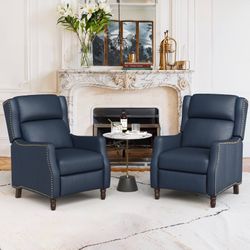 28''W Genuine Leather Recliner Arm Chair, Navy (Set of 2)