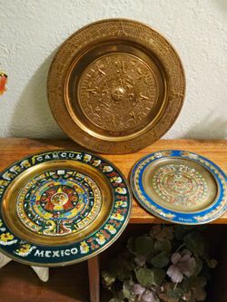 3 Metal Copper Brass Mexican Mayan Calender Design Decorative Plates all $15