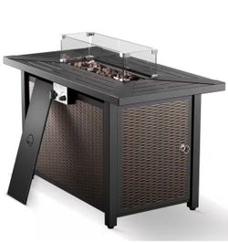 Alliron 43 in. Rectangular Brown Metal Propane Outdoor Fire Pit Table with Glass Wind Guard Lid, Lava Rocks, 50000 BTU