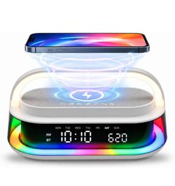 Bluetooth Speaker Alarm Clock with 15W Wireless Charging – White Noise Sound Machine, RGB Night Light, FM Radio, Dual Alarm, TWS Stereo Pairing – Beds