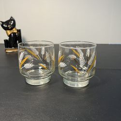 Libbey MCM Wheat Sprays 2 Gold Rim Rocks Whisky Bourbon Glasses 3.25”