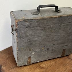 Old Wood Tool Box.  Gray Wood With Cast Metal Handle Hinges and Hooks 