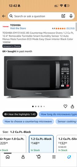 Toshiba EM131A5C-BS Countertop Microwave Oven 1.2 Cu Ft Black