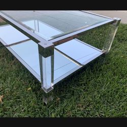 2-Tier Chrome Acrylic Tempered Glass & Mirror Coffee Table, MidCentury Modern
