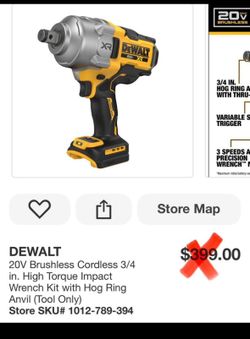 Dewalt 20V Brushless Cordless 3/4 in. High Torque Impact Wrench Kit with Hog Ring Anvil (Tool only)
