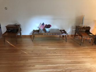 2 maple end tables and coffee table with glass top