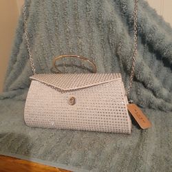 Brand New Beautiful Silver  Evening Handbag With Silver Hand handle And Long Silver Chain 