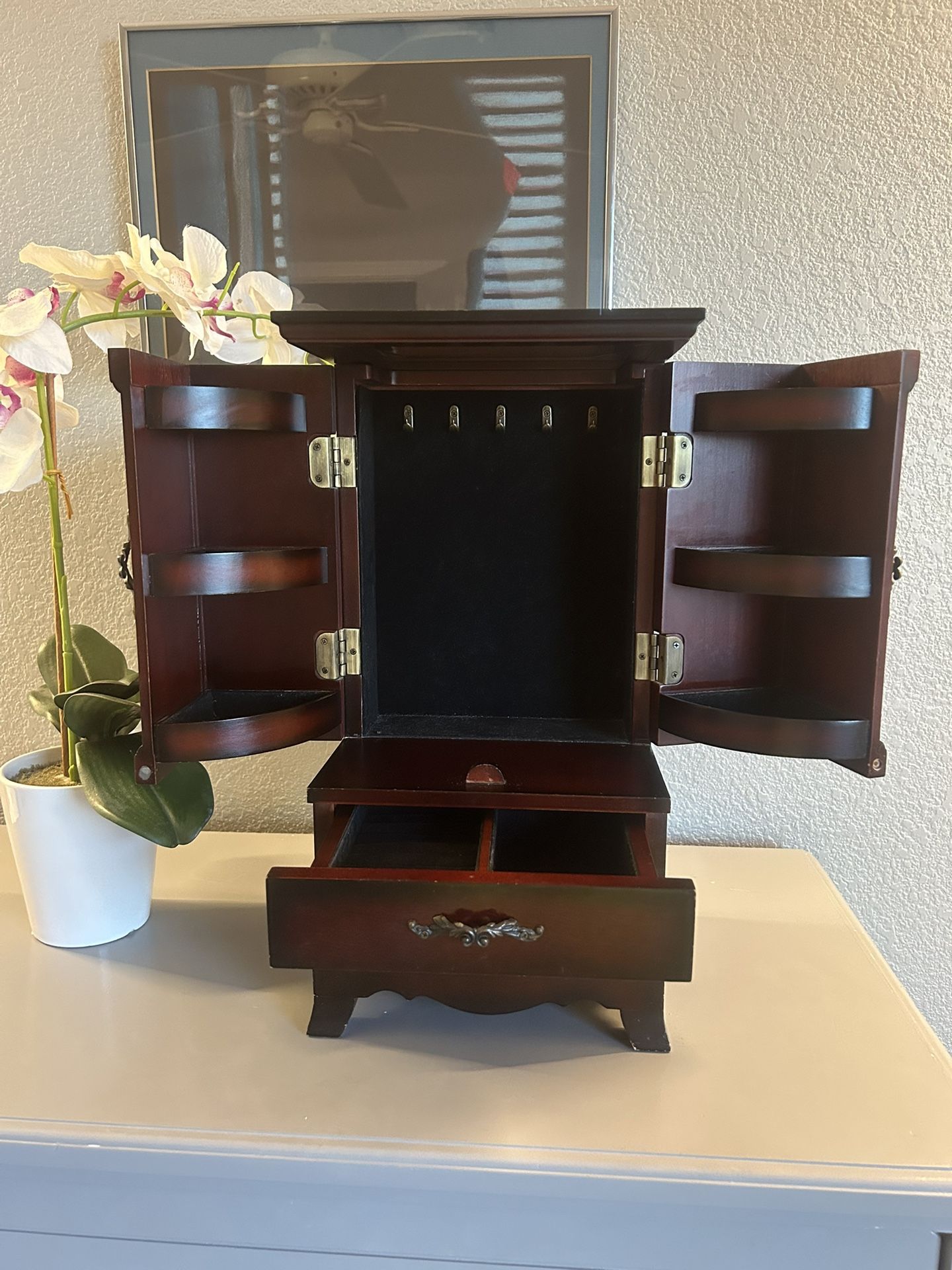 Wooden Jewelry Box Table Top With Cabinet And Drawers And Mirror