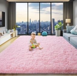 8x10ft Pink Area Rug, Soft Fluffy Shaggy Rug Carpet