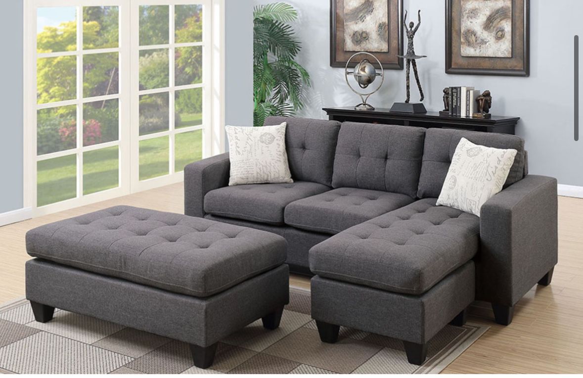 GREY COMPACT SECTIONAL AND OTTOMAN WITH ACCENT PILLOWS