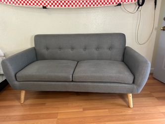 NEW Iconic Mid-Century  Modern Grey Button Tufted Waffle Stitch Loveseat w/ splayed rubber wood legs