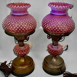 RARE Vintage Pair of Fenton Cranberry Opalescent Hobnail Lamps W/ Glass Chimneys—See all pics!