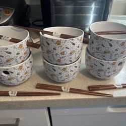 Gudatama Bowls And Chop Sticks  6 Of Them
