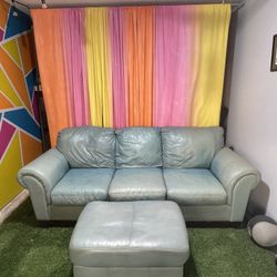 Blue Leather Couch and Ottoman