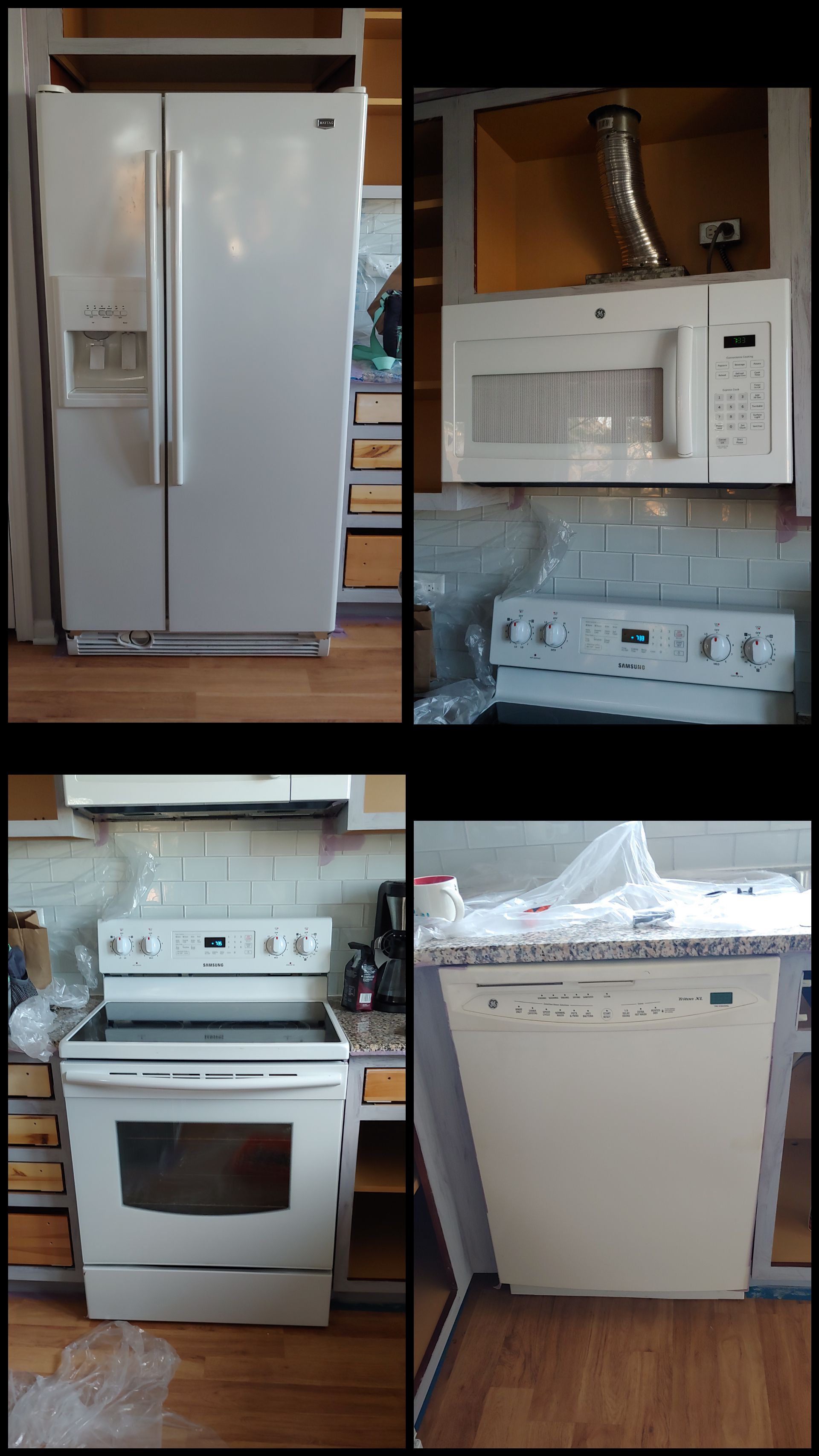 Maytag Fridge, GE Microwave, Samsung Electric Range and GE Dishwasher - set of 4, white