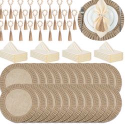 Gejoy 72 Pcs Round Burlap Placemats Wood Bead Napkin Rings With Dinner Napkins Cloth!! New 