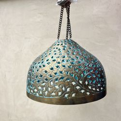 2 DESIREE BELL PENDANT SHADE COLOR ANTIQUE BRASS & PAINTED TURQUOISE