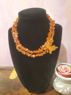 Orange Carnelian Nugget Necklace Artisan 32" With Tabby Cat Pin F11
