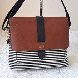 Fossil Kinley Brown Flap Crossbody Bag w/  Black White Stripes Flower Charm