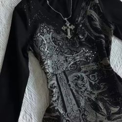 Women’s Black & grey long sleeve top with cross details Dm Me For Cheap