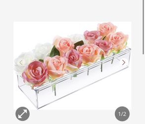 Brand New Clear 12” Acrylic Flower Vase Rectangular Floral Centerpiece, 12 Inches Long Low Vases With Holes For Dinning Table, Home Decor