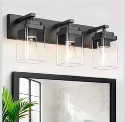 Black Bathroom Light Fixtures, 3 Lights Bathroom Lighting Fixtures Over Mirror, Square Design & Rectangle Large Backplate, Modern Vanity Lighting Fixt