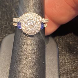 14kt Wg Art Deco Style Natural Diamond And Sapphire Engagement Ring 